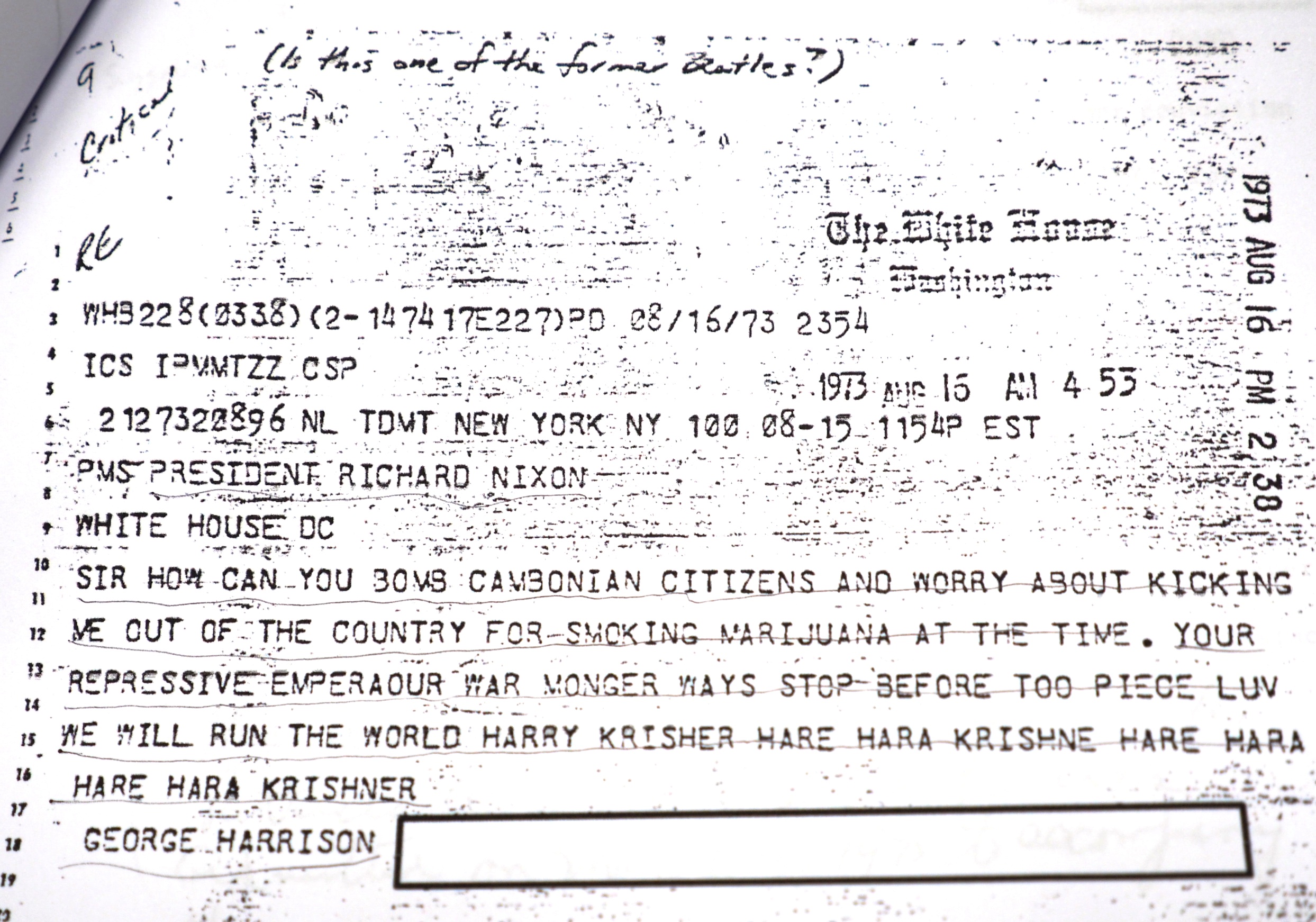 ジョージ・ハリスンがニクソン大統領に宛てて打った1973年8月16日付けの電報。