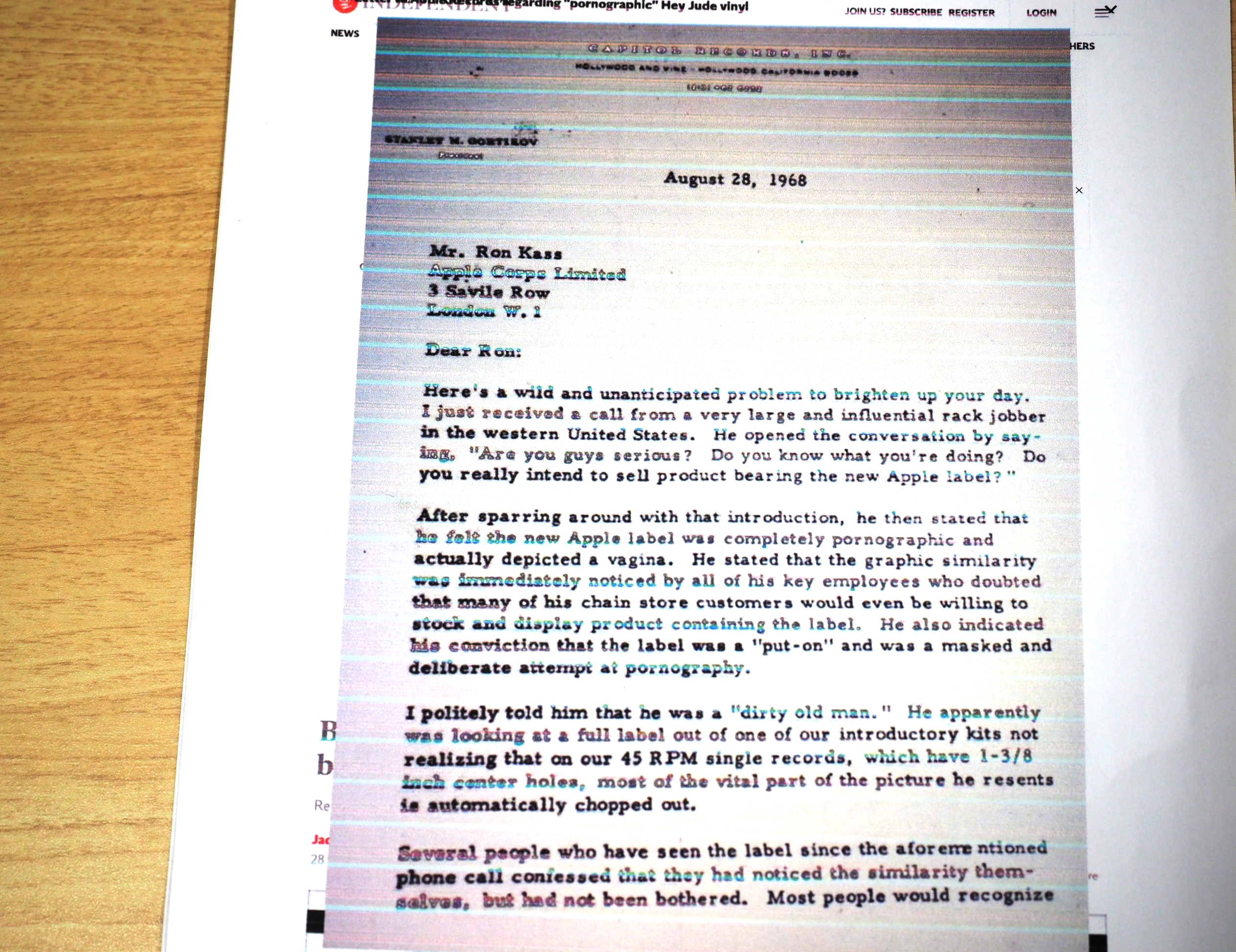 「インディペンデント電子版」2019年1月25日付が報じた、ビートルズの北米販売を司るキャピトル・レコードのスタンリー・ゴルツィコフ代表取締役がアップル・レコードの責任者であるロン・キャスに宛てた手紙。