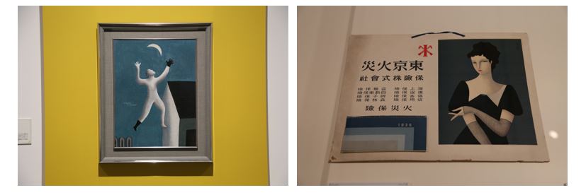 東郷青児の作品（左）《超現実派の散歩》　（右）1936年 安田火災のカレンダー