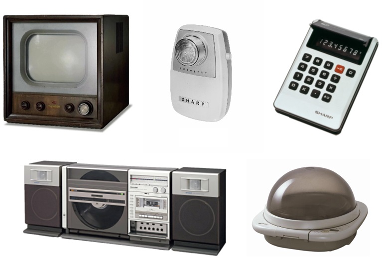 展示製品例 (上段左から、14型ブラウン管白黒テレビ、ゼンマイ式カミソリ、液晶表示付COS化電卓 両面自動演奏ステレオシステム、カプセルレンジ)