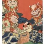 歌川国芳の浮世絵「猫のけいこ」をベースに、猫を沖縄のアイコンでもあるシーサーに変えて、かりゆしウェアを着て三線を弾いている沖縄バージョンに描きました。稽古中にマカロンをつまみ食いしているような、遊び心あるデザインになっています。