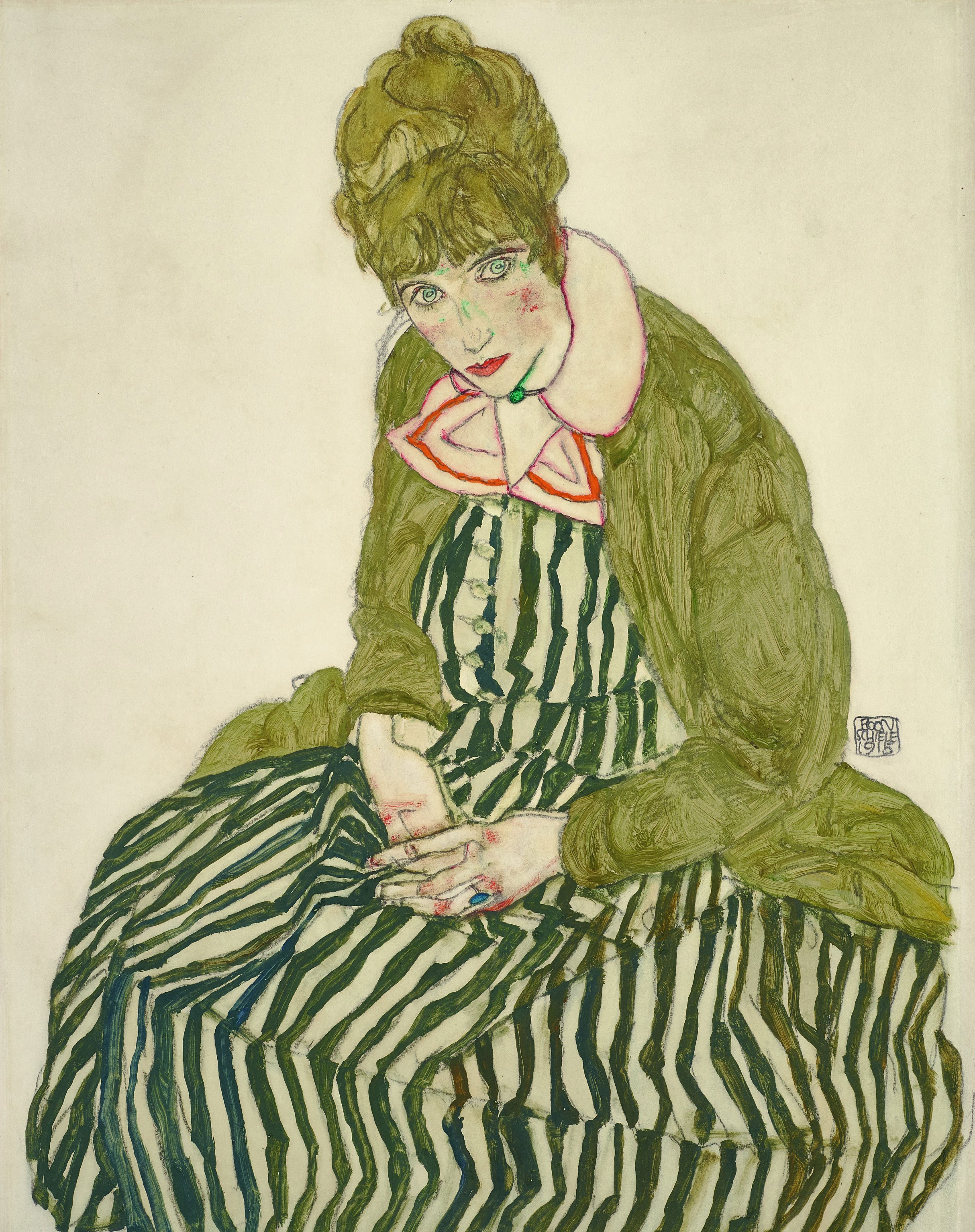 エゴン・シーレ《縞模様のドレスを着て座るエーディト・シーレ》 1915年 レオポルド美術館蔵 Leopold Museum, Vienna