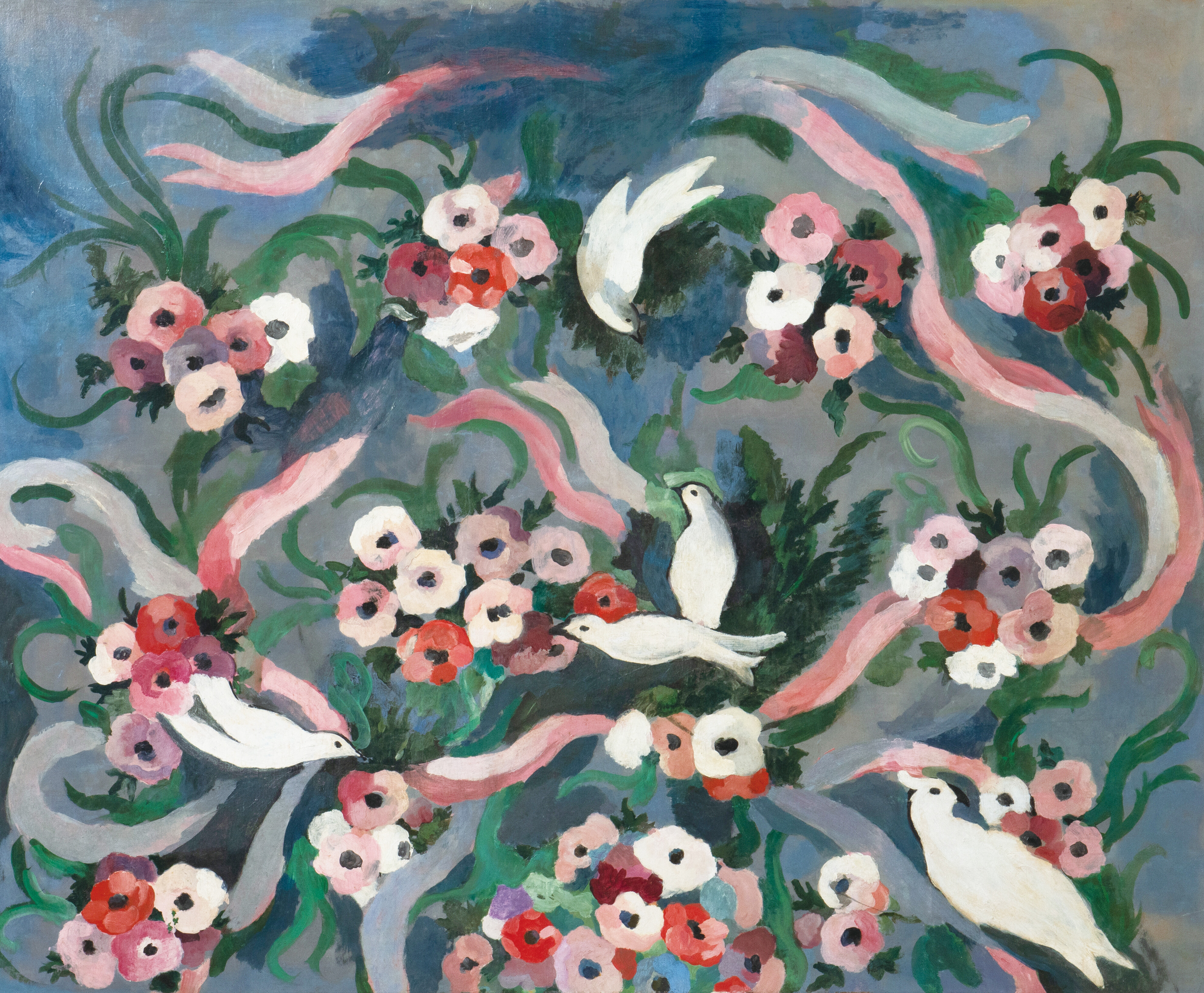 マリー・ローランサン 《鳩と花》 1935年頃 油彩・キャンヴァス （タペストリーの下絵） マリー・ローランサン美術館 ⓒMusee Marie Laurencin