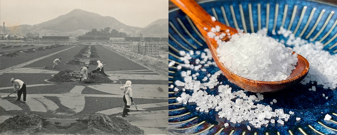 左：塩田法で塩づくりする様子、右：現在の塩田法で製塩した天日塩