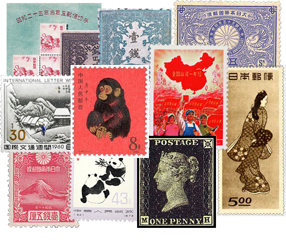 販売品例③　プレミア切手 「見返り美人」や「国際文通週間（蒲原）」などの日本切手から、中国のパンダ切手など外国切手まで取り揃えています。