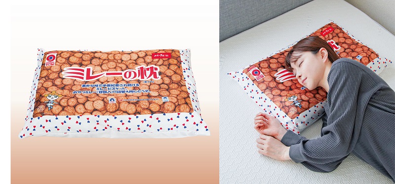 大袋菓子「ミレーの枕」が本物の枕に！　食品メーカーと寝具ブランドがコラボ　画像１
