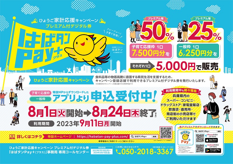 兵庫県が家計応援キャンペーン、申し込み受付8月1日から　プレミアム付デジタル券「はばタンPay＋」　画像１
