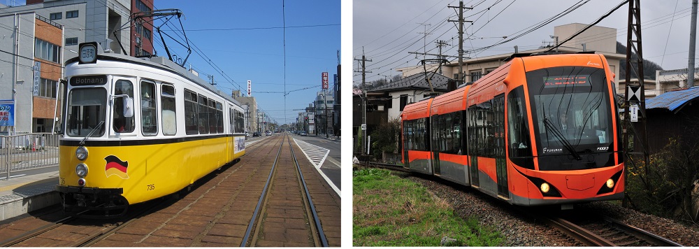 左から福井鉄道　F10形（レトラム）、F1000形（フクラム） 