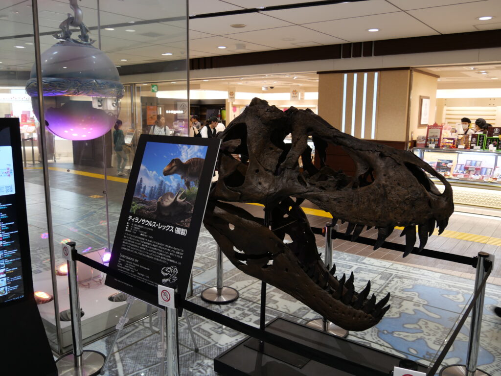 銀の鈴の横に展示されたティラノサウルス