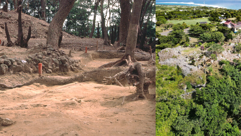 曲輪と堀のある山城の影響を受けている本州系グスク（左）と石灰岩の石垣が特徴の沖縄系グスク