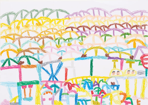 「堂島こどもアワード」低学年の部-大賞受賞作品Beck Seungyoo（1年生）《The Joy of Connection》 「いろんな色をたくさんつかって、楽しい気持ちを伝えるようにしました。ほんとうのせかいでも、ひとびとの心がうれしさでつながることを願っているよ」