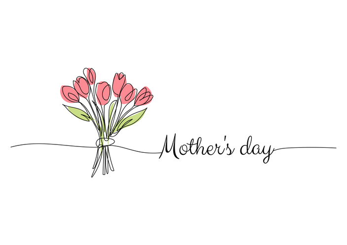 Mothers day, tulip line art drawing, one continuous line drawing. for postcard design.